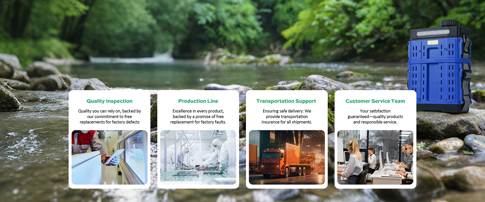 Банер, що підкреслює прагнення до досконалості з безкоштовною заміною для проблем із якістю, показуючи перевірку якості, досконалість виробничої лінії, підтримку транспортування зі страхуванням і спеціальну команду обслуговування клієнтів.